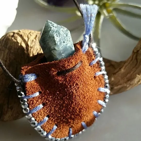 Leather Mini Mojo Bag Necklace by Rust Belt Raised Moss Agate Necklace - Picture 4 of 16